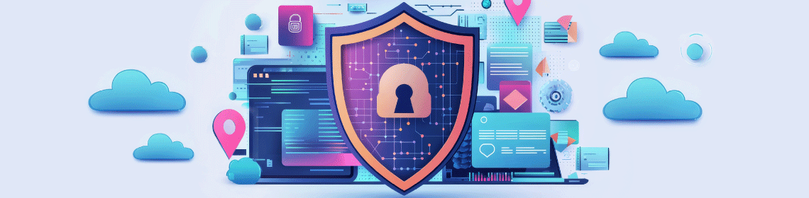 Cyber security concept featuring a shield with a lock in front of multiple screens.