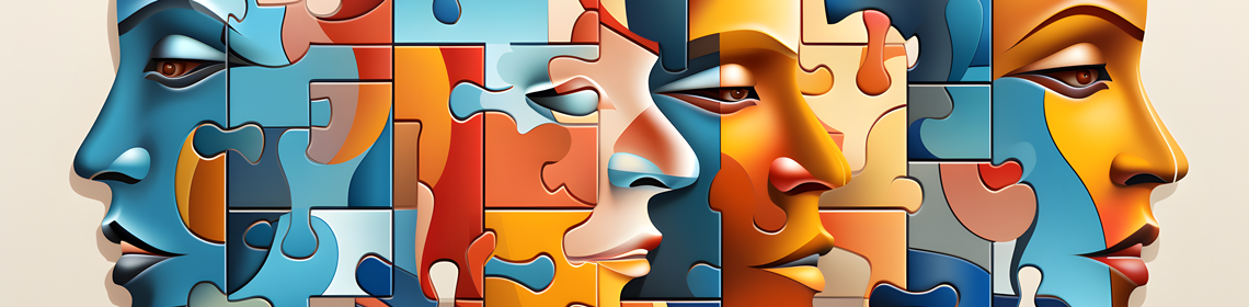 Four diverse human faces made up of colourful puzzle pieces.