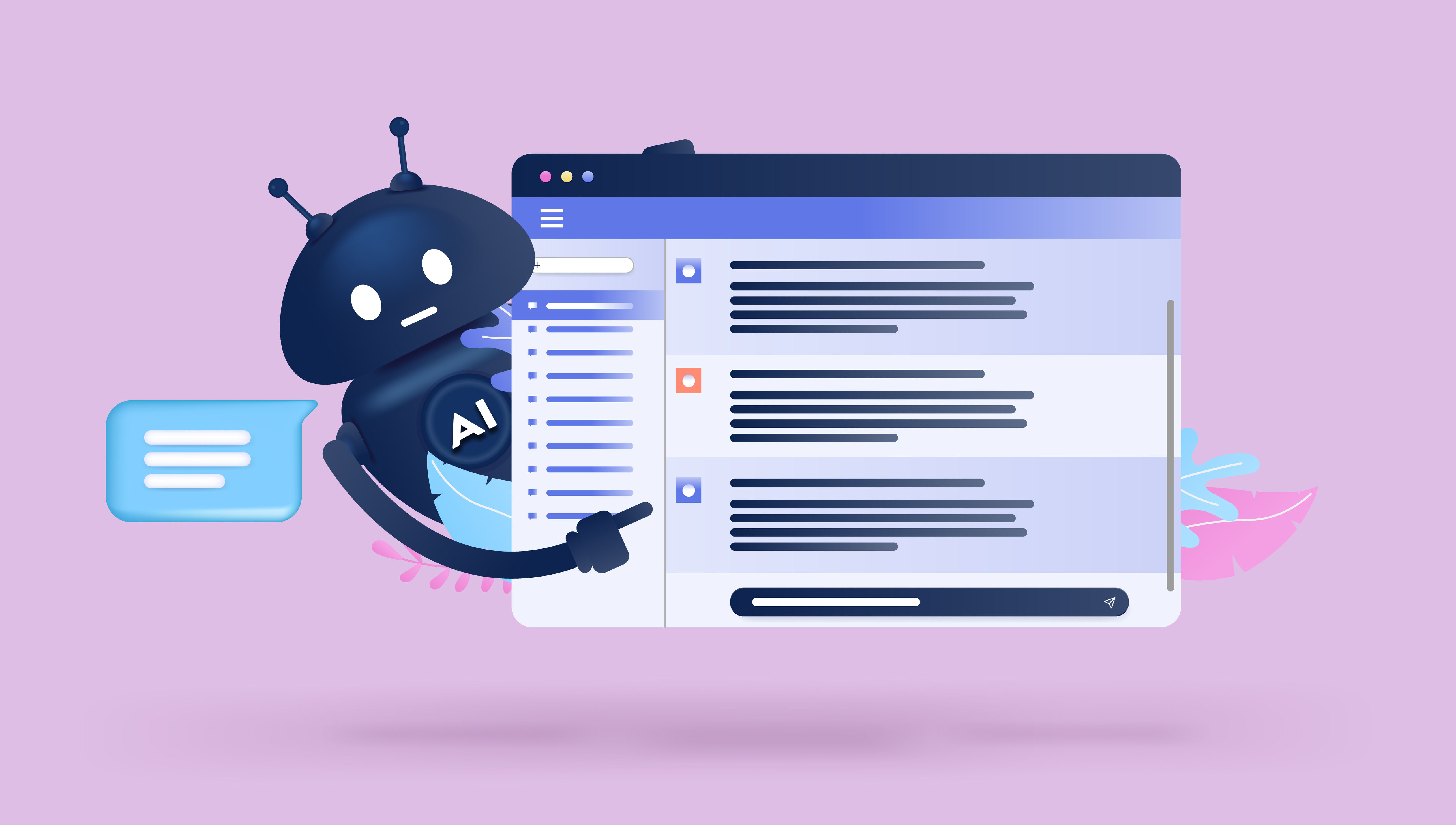 Animated graphic of an artificial intelligence robot peeking out from behind a messaging platform and pointing at a message.