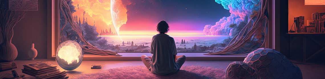Personne assise sur un tapis dans un salon, immergée dans une expérience de réalité virtuelle représentant l'espace, des planètes et des nuages.