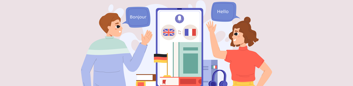 Deux personnes se saluent&nbsp;: une bulle Hello apparaît à côté de la personne de gauche et une bulle Bonjour à côté de la personne de droite. Entre les deux, il y a un téléphone intelligent surdimensionné. Son écran affiche les drapeaux du Royaume-Uni et de la France et des flèches entre les deux.