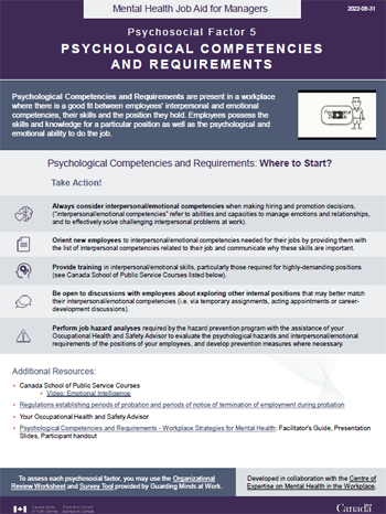 Mental Health Job Aid for Managers: Psychosocial Factor 5 – Psychological Competencies and Requirements