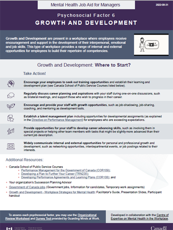 Mental Health Job Aid for Managers: Psychosocial Factor 6 – Growth and Development